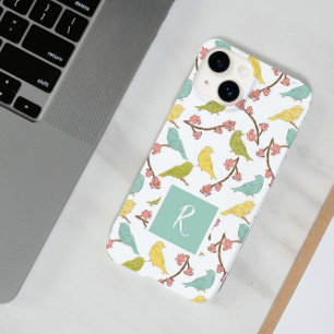 Coque Pour iPhone 14 Oiseaux et fleurs Esquisse d'aquarelle monogramme