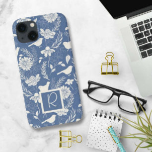 Case-Mate iPhone Case Oiseaux et fleurs monogrammes bleus et crémeux