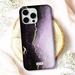 Coque iPhone 15 Pro Max Ombre Purple & Gold Moody Agate Moderne Monogramme