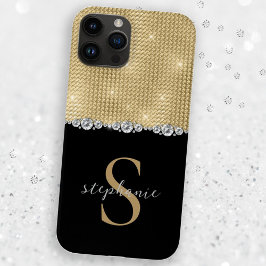 Coque Pour iPhone 14 Or Black Elegant Diamants Monogramme Luxe Personna
