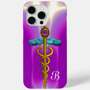 Coque iPhone 15 Pro Max OR CADUCUS MÉDICALE SYMBOLE Violet Monogramme