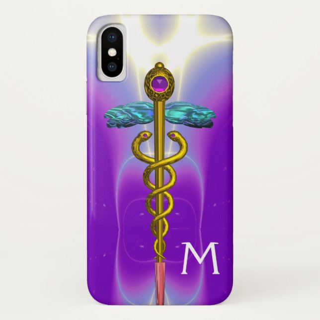 Coques Case-Mate iPhone OR CADUCUS MÉDICALE SYMBOLE Violet Monogramme (Dos)