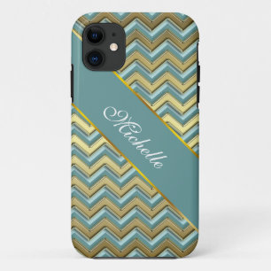 Coque iPhone 11 Or et motif turquoise de Chevron