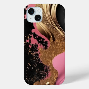 Coque iPhone 15 Mini Or liquide abstrait rose moderne et marbre noir