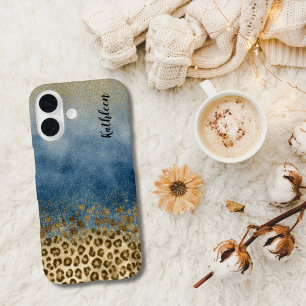 Coques iPhone 16 Or Monogramme Imprimé Léopard Pailleté Bleu Or