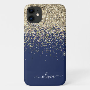 Case-Mate iPhone Case Or Monogramme Pailleté Paillettes Fille Navy Bleu