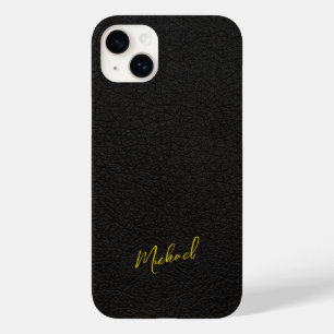Coque Pour iPhone 14 Plus or noir cuir look signature signature nom