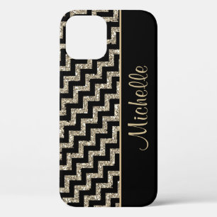 Coques Pour iPhone Or noir diagonal de Chevron personnalisé