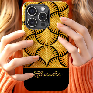 Coque Pour iPhone 15 Or Noir Rétro Gatsby Palmiers Script Nom 1920