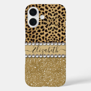 Coques iPhone 16 Or Pailleté Strass Tache de Léopard PHOTO IMPRIMÉ