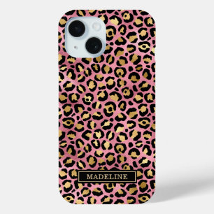 Coque Pour iPhone 15 Or rose feuille de leopard imprimé monogrammé