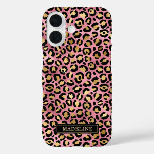 Coques iPhone 16 Or Rose Gold Feuille Imprimé Léopard Monogrammé