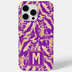 Coque iPhone 15 Pro Max Or sur marbre Chic violet Monogramme personnalisé
