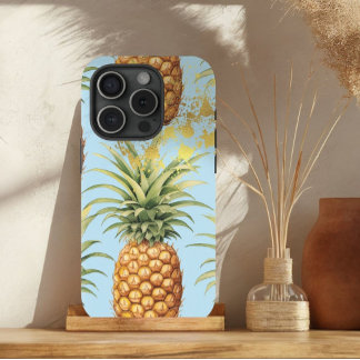 Coque Pour iPhone 15 Orange chic, bleu pastel et fruits d'ananas doré