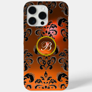 COQUE iPhone 15 PRO MAX ORANGE JAUNE BLACK DAMASK MONOGRAM DE PIERRE
