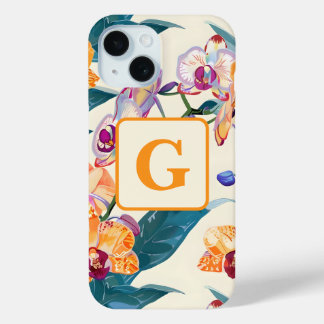 Coque Pour iPhone 15 Orange Orchidées Monogramme polaire