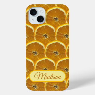 Coque iPhone 15 Mini Orange tranches de fruits frais motif nom personna