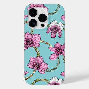 Coque Pour iPhone 14 Pro Orchidées et chaînes, roses et bleues