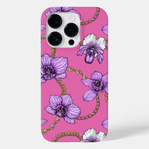 Coque Pour iPhone 14 Pro Orchidées et chaînes, violet et rose