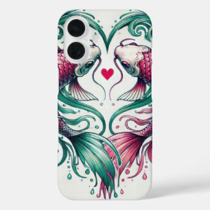Coques iPhone 16 Oriental rose et turquoise amour coeur koi tatouag