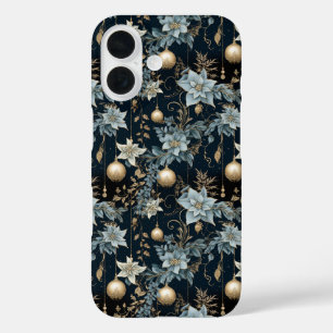 Coques iPhone 16 Ornements de Noël bleu et or Poinsettias