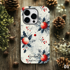 Coque Pour iPhone 14 Pro Ornements de Noël rouges avec houx et branche de p