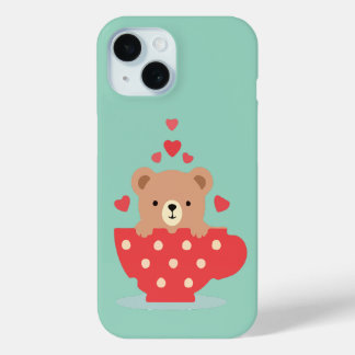 Coque Pour iPhone 15 Ours adorable dans une tasse à thé avec des cœurs