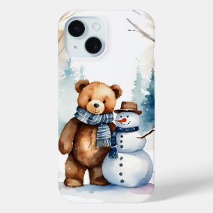 Coque Pour iPhone 15 Ours En Conduite D'Hiver Et Snowman