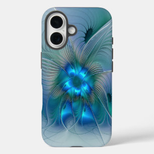 Coques iPhone 16 Ovations debout, fractale abstraite bleu turquoise