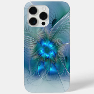 Coque iPhone 15 Pro Max Ovations debout, fractale abstraite bleu turquoise