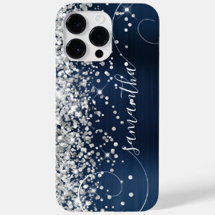 Coque Pour Pour iPhone 14 Pro Max Pailleté Argent Bleu Marine Glamour Bouclé Signatu