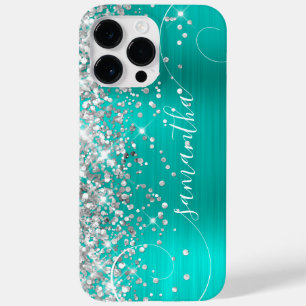 Coque Pour Pour iPhone 14 Pro Max Pailleté Argent et Turquoise Glam Courbe Signature