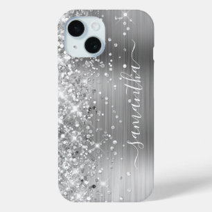 Coque Pour iPhone 15 Pailleté Argent Moderne Signature Féminine