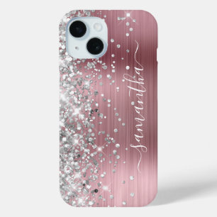 Coque Pour iPhone 15 Pailleté Argent Rose Moderne Signature Féminine