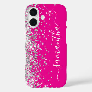 Coques iPhone 16 Pailleté Argent Signature Rose Chaud Féminin