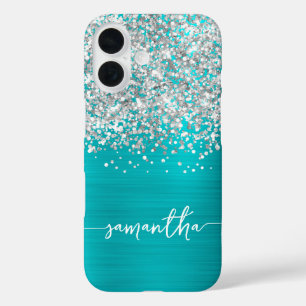 Coques iPhone 16 Pailleté Argent Turquoise Bleu Glam Nom