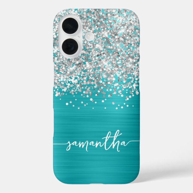 Coques Case-Mate iPhone Pailleté Argent Turquoise Bleu Glam Nom (Verso)
