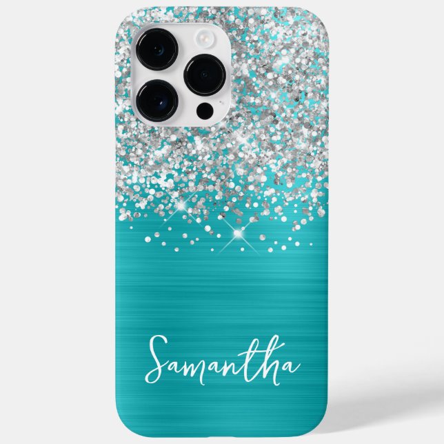 Coques Case-Mate iPhone Pailleté Argent Turquoise Bleu Glam Nom (Verso)