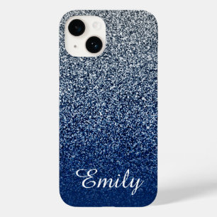Coque Pour iPhone 14 Pailleté Ombré Navy Argent Personnalisé