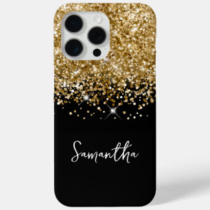 Coque iPhone 15 Pro Max Pailleté Or et Nom Glamour Noir