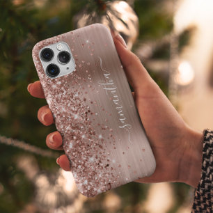 Coque Pour iPhone 15 Pailleté Or Rose Moderne Signature Féminine
