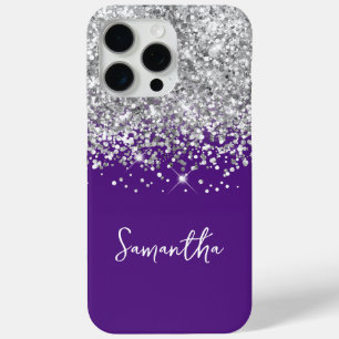 Coque iPhone 15 Pro Max Paillettes argentées et nom royal violet