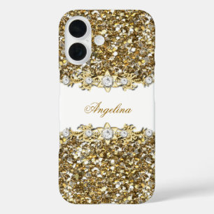 Coques iPhone 16 Paillettes de bijou en faux diamant or blanc argen