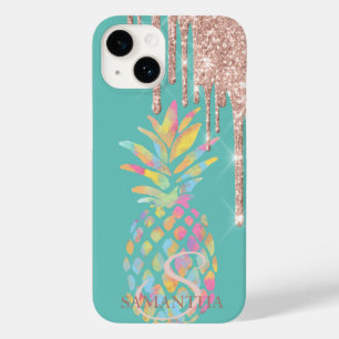 Coque Pour iPhone 14 Paillettes de rose doré en gouttes ananas menthe v
