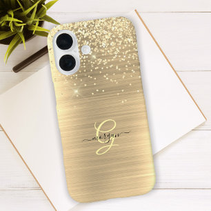 Coques iPhone 16 Paillettes dorées & monogramme, nom en écriture no