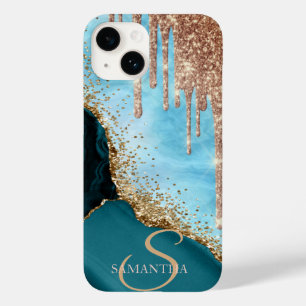 Coque Pour iPhone 14 Paillettes dorées sur marbre turquoise avec goutte