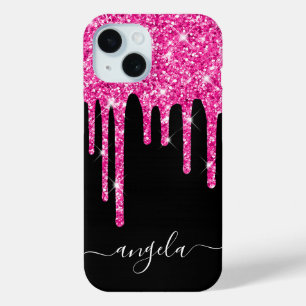 Coque Pour iPhone 15 Paillettes rose vif qui dégoulinent Signature Blac