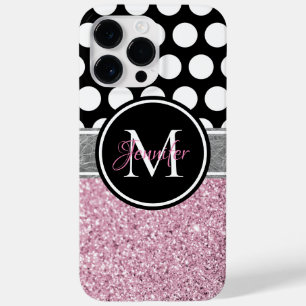 Coque Pour Pour iPhone 14 Pro Max Paillettes roses points noirs et blancs Monogramme