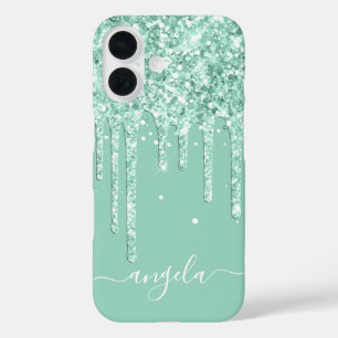 Coques iPhone 16 Paillettes sarcelle clair gouttes glamour signatur