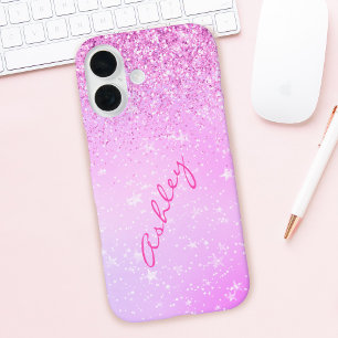 Coques iPhone 16 Paillettes violettes et étoiles blanches, nom de s